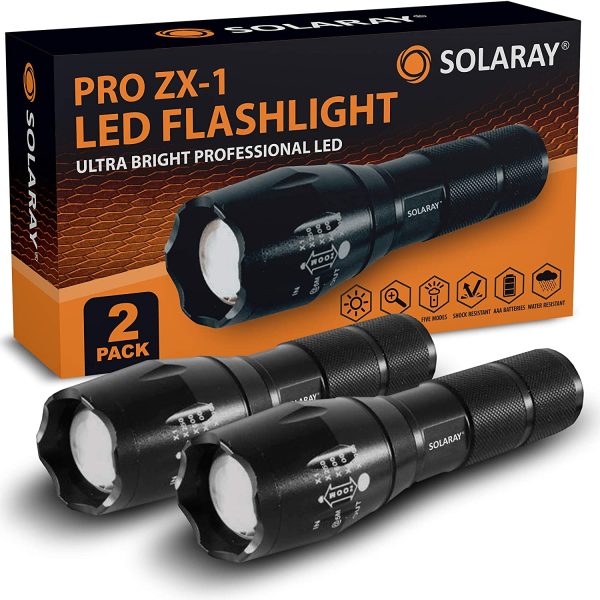 Solaray ZX-1 zoomable flashlight 2-pack 1200 lumens, water-resistant aluminum bodies